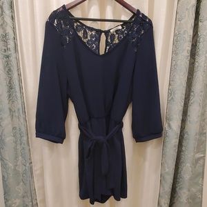 Navy Lace Accent Tie-Waist Romper